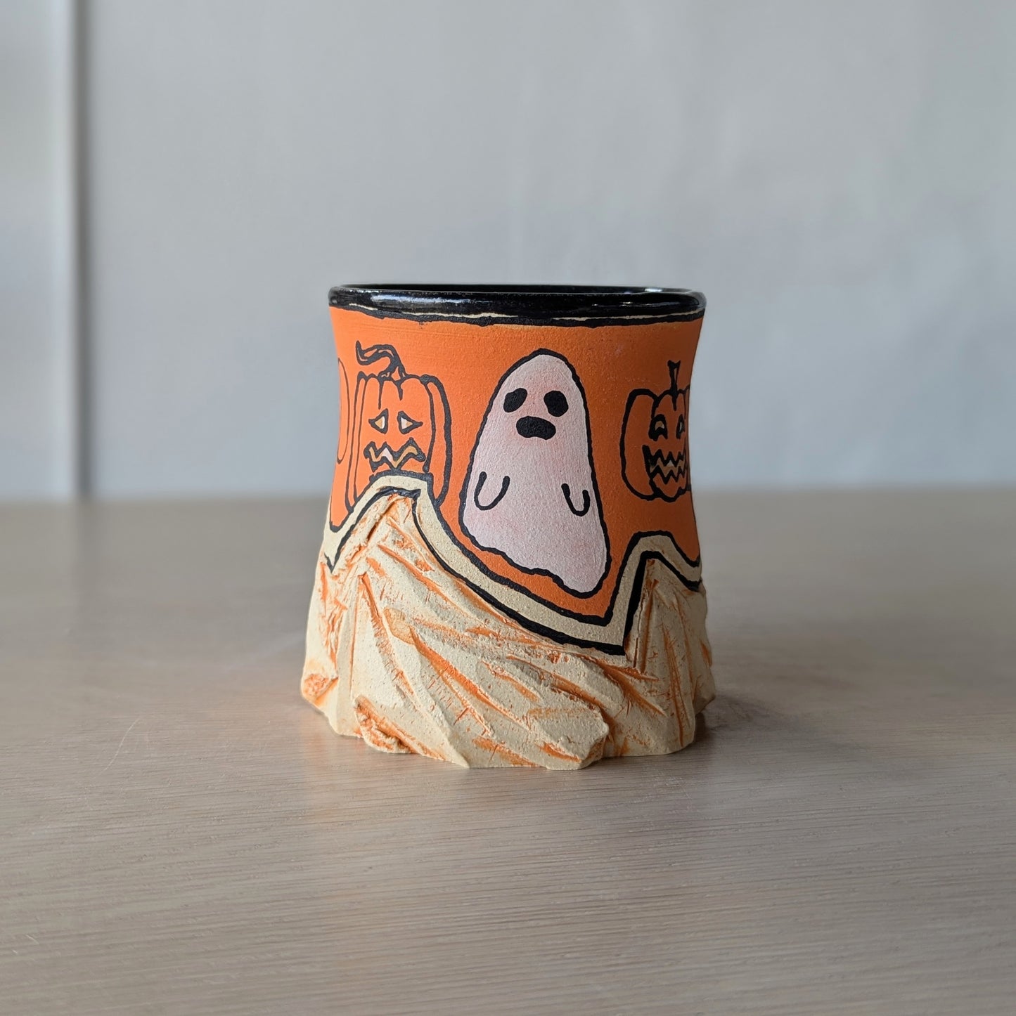 halloween handmade mug hand thrown black cat pumpkin jack-o-lantern ghost
