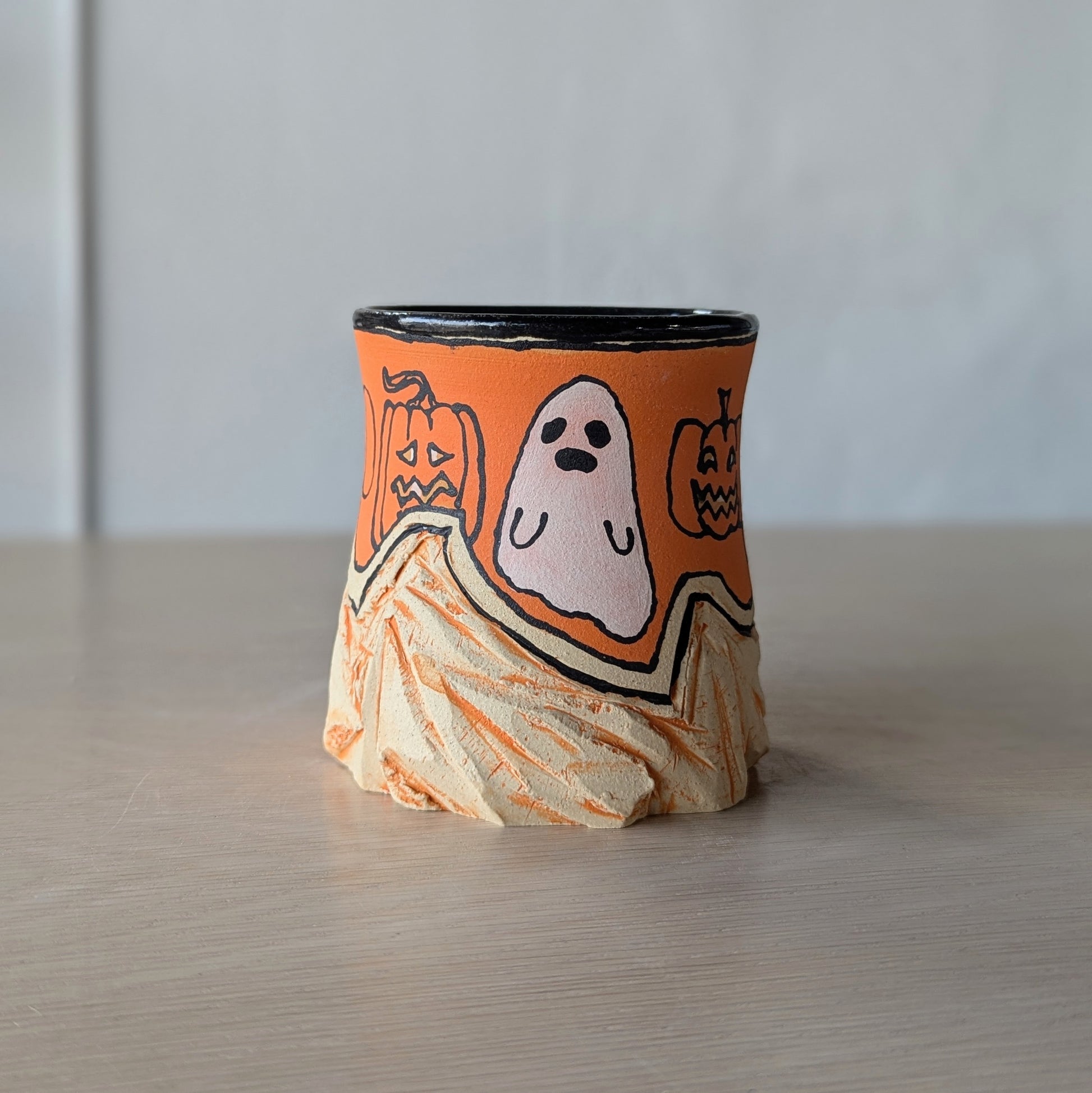 halloween handmade mug hand thrown black cat pumpkin jack-o-lantern ghost