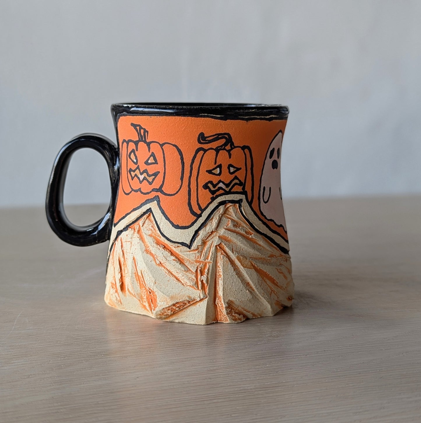 halloween handmade mug hand thrown black cat pumpkin jack-o-lantern ghost