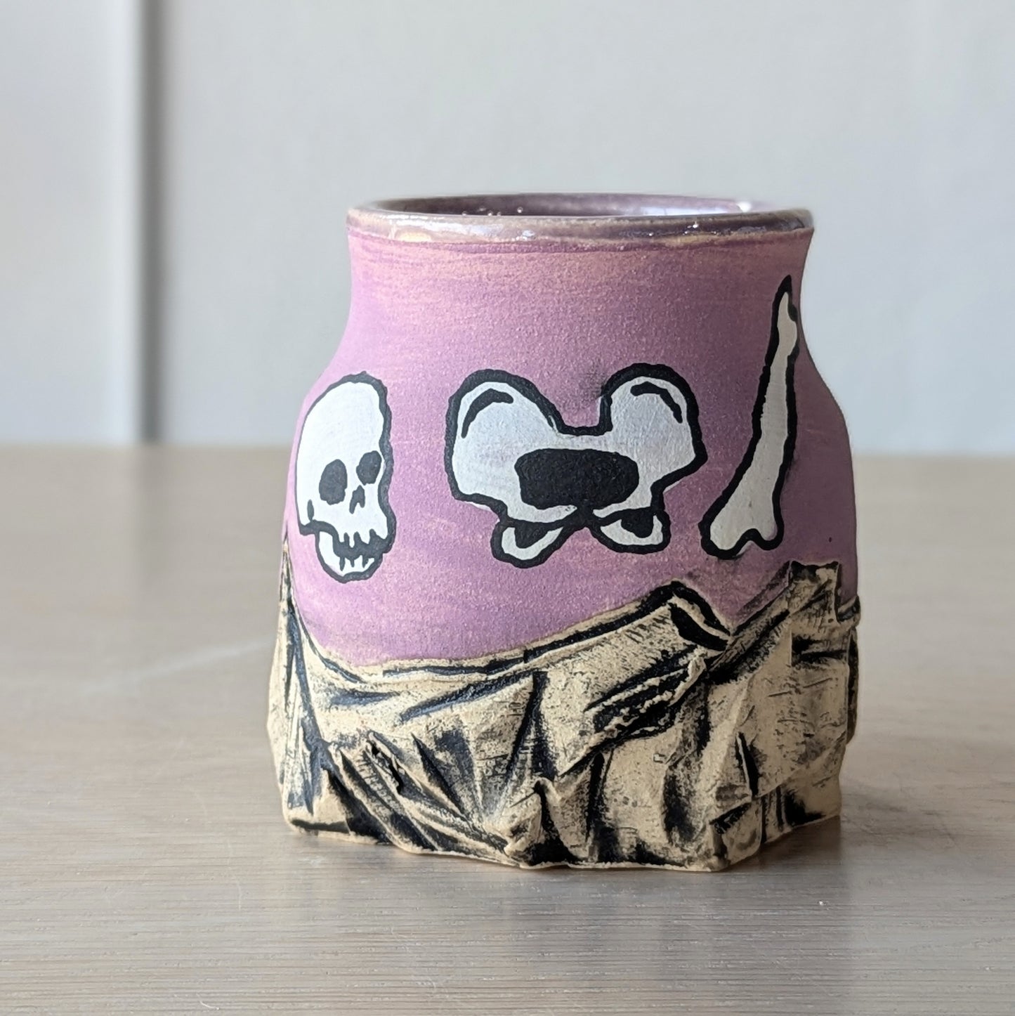 handmade hand thrown ceramic vase skeleton halloween purple lilac lavender