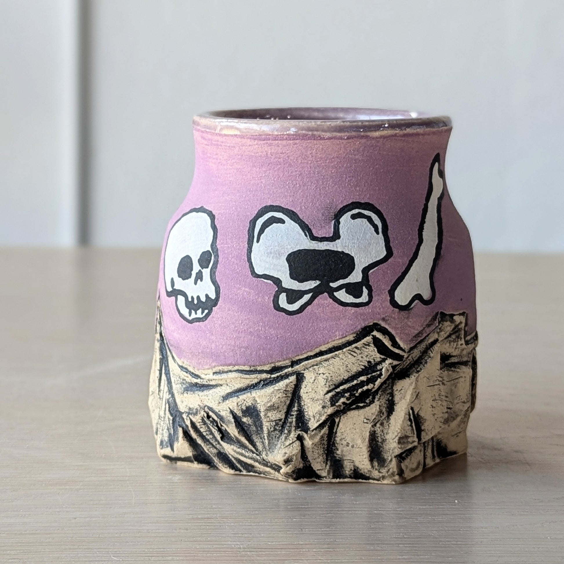 handmade hand thrown ceramic vase skeleton halloween purple lilac lavender
