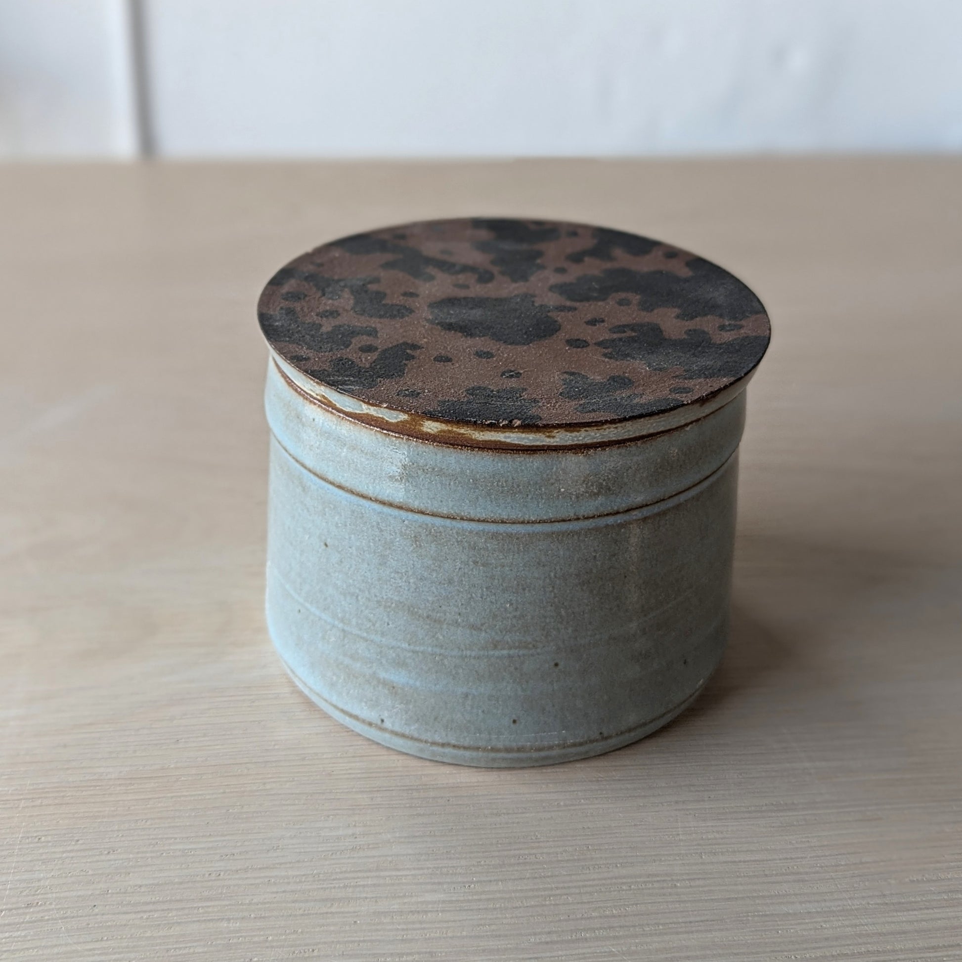 handmade hand thrown ceramic store jar hand painted doodles blue gray