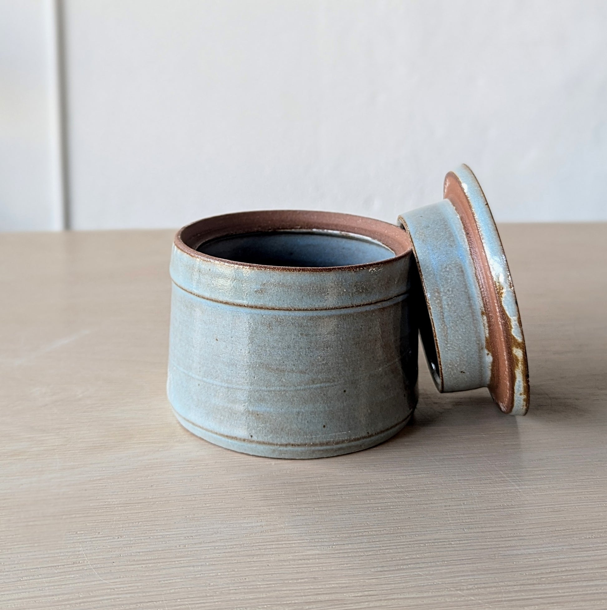 handmade hand thrown ceramic store jar hand painted doodles blue gray