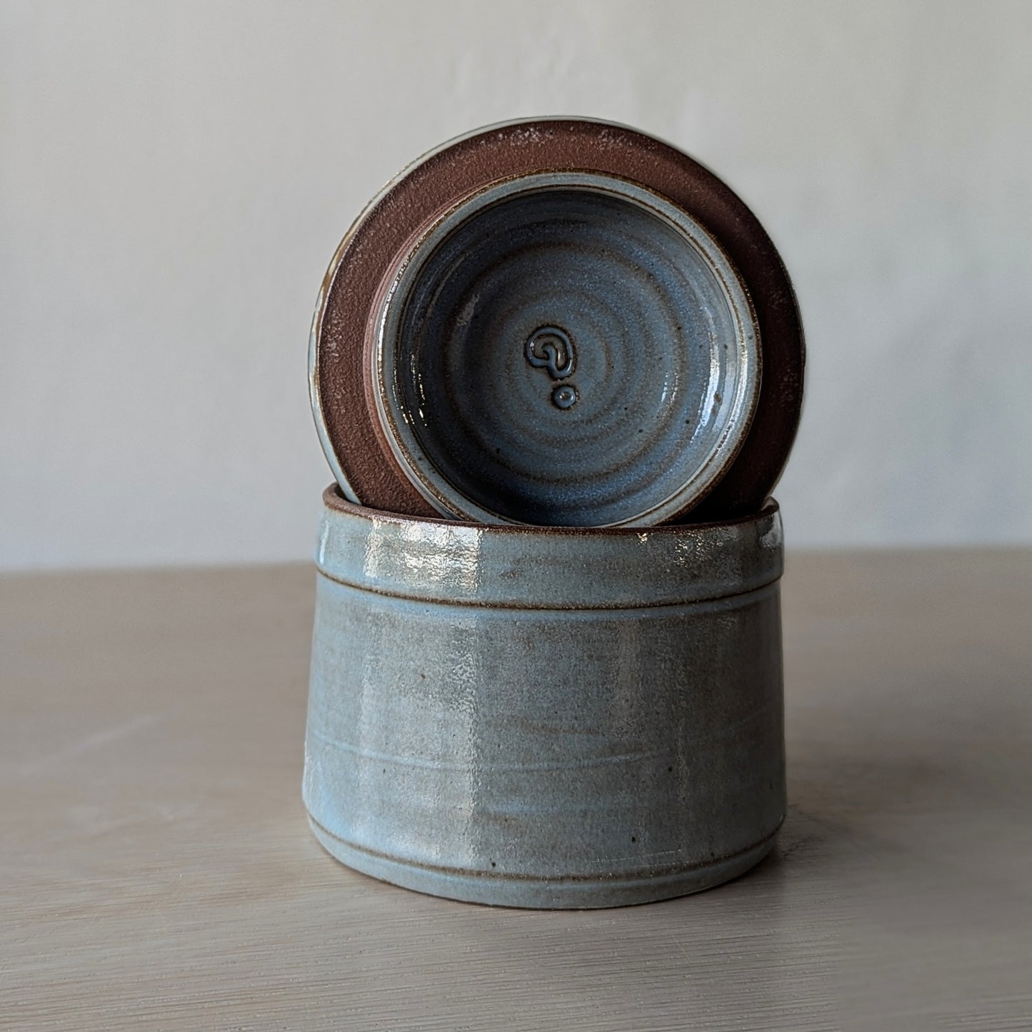 handmade hand thrown ceramic store jar hand painted doodles blue gray