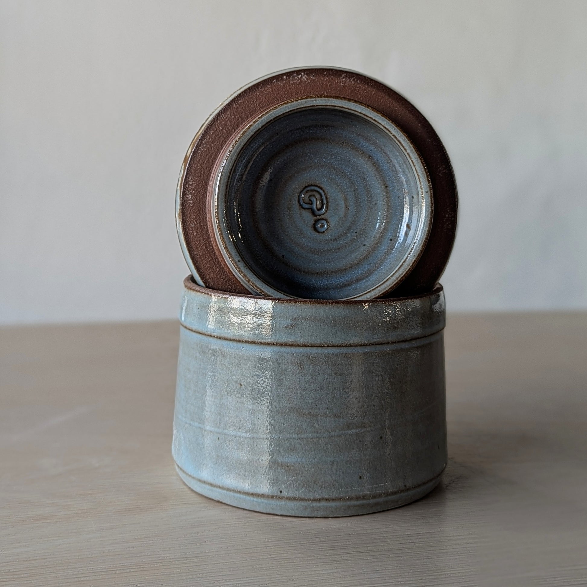 handmade hand thrown ceramic store jar hand painted doodles blue gray