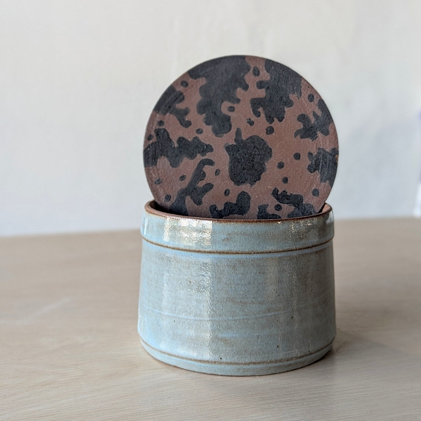 handmade hand thrown ceramic store jar hand painted doodles blue gray