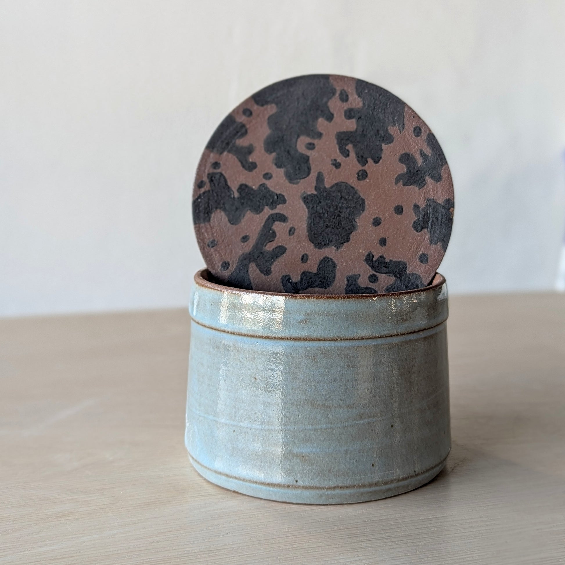 handmade hand thrown ceramic store jar hand painted doodles blue gray
