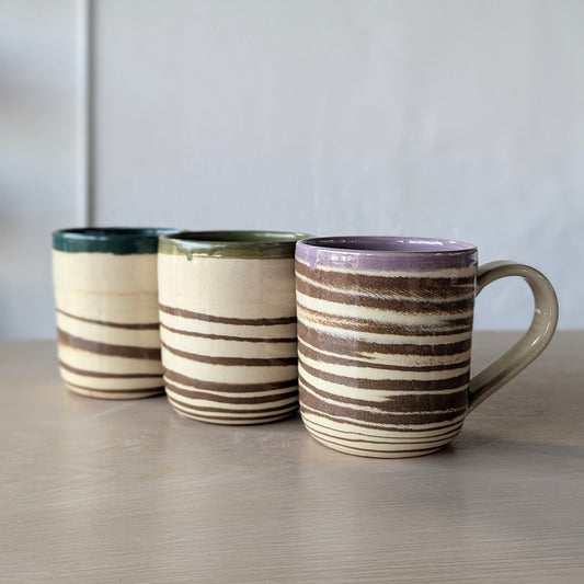 marbled hand thrown handmade mugs green purple teal