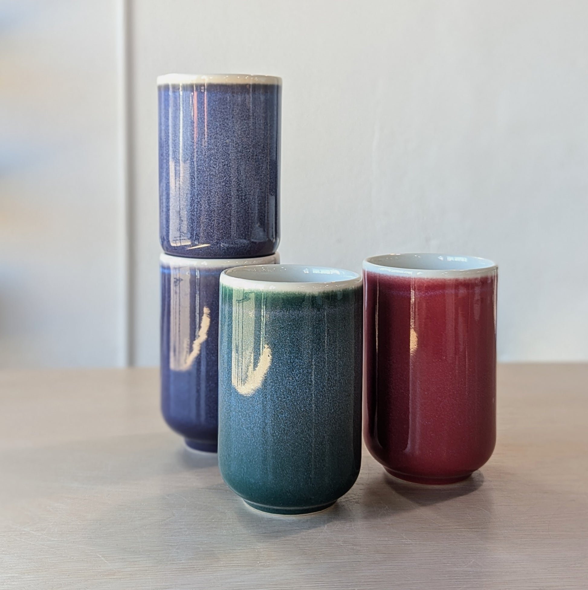 purple indigo peacock teal red crimson handmade ceramic cups