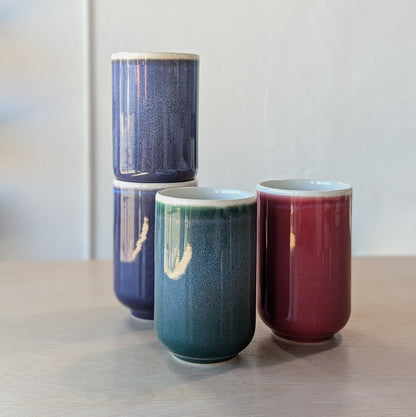purple indigo peacock teal red crimson handmade ceramic cups