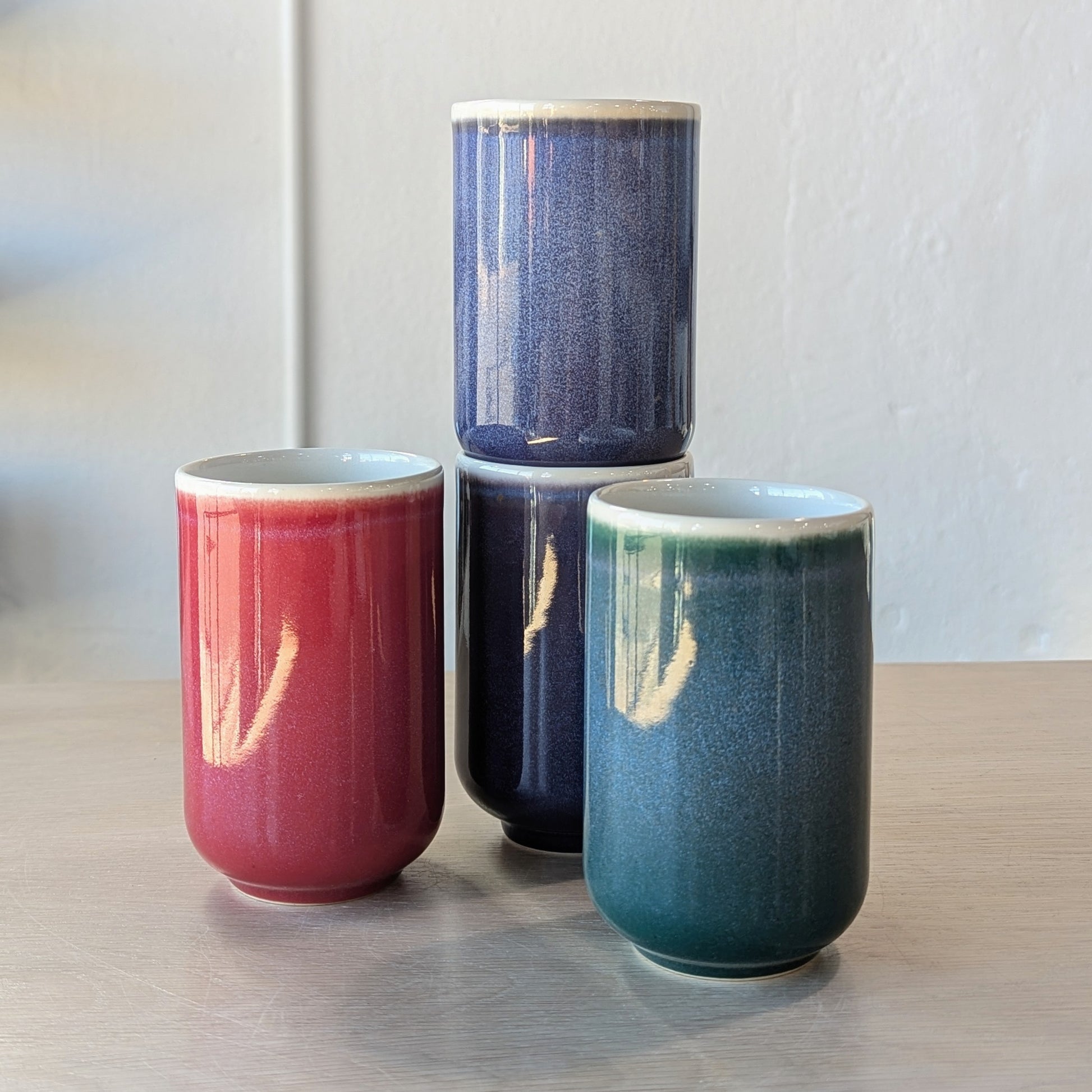 purple indigo peacock teal red crimson handmade ceramic cups