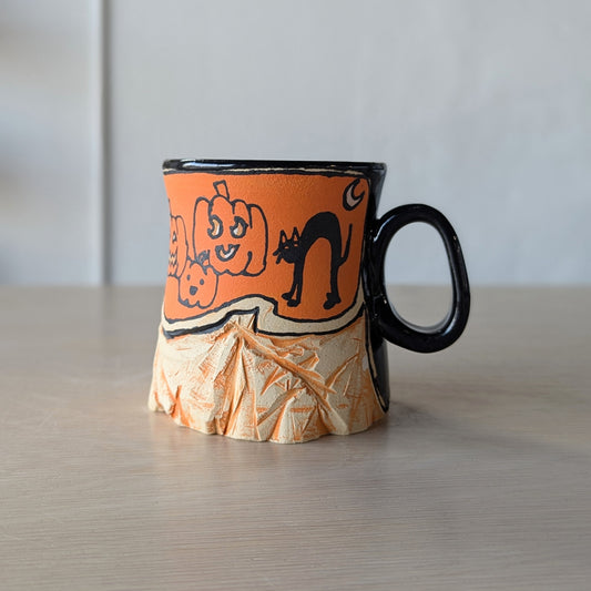 halloween handmade mug hand thrown black cat pumpkin jack-o-lantern ghost