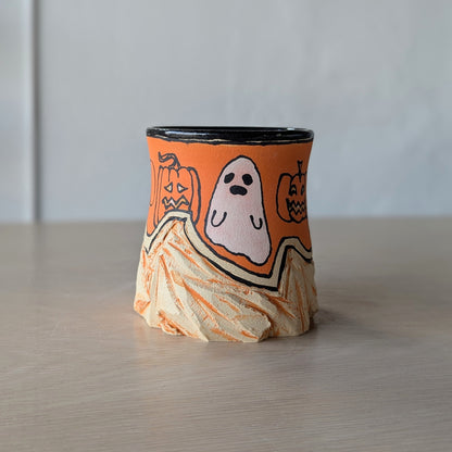 halloween handmade mug hand thrown black cat pumpkin jack-o-lantern ghost