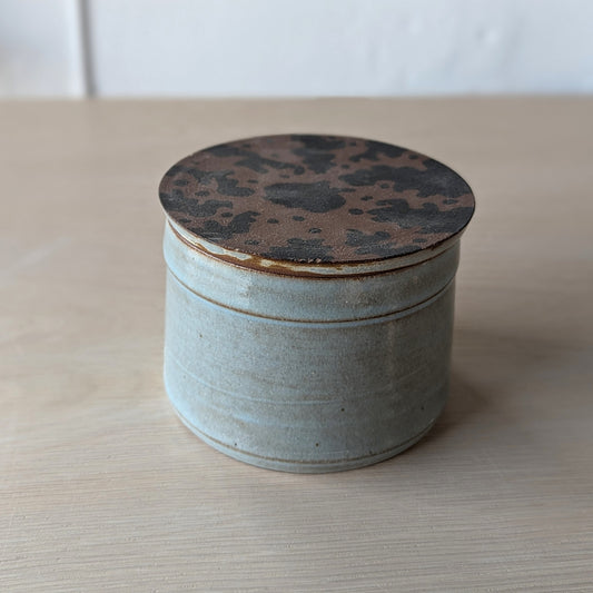 handmade hand thrown ceramic store jar hand painted doodles blue gray