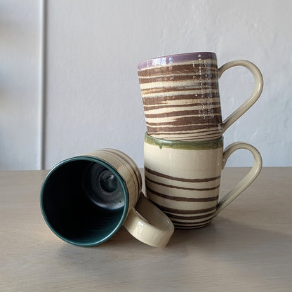 marbled hand thrown handmade mugs green purple teal