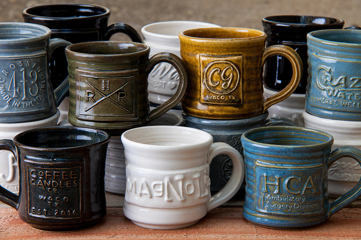 Handmade custom ceramic mugs handcrafted in Waco, TX by Black Oak Art who specializes in hand thrown mugs.
